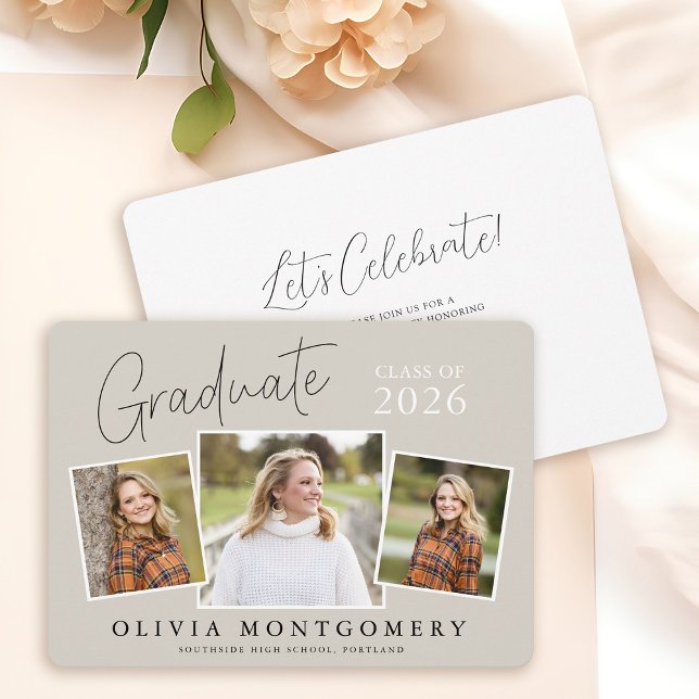 Graduate 3 Photo Modern Script Graduation Party Invitation (Creator Uploaded)
