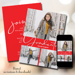 Graduate 3 Photo Red Graduation Invitation