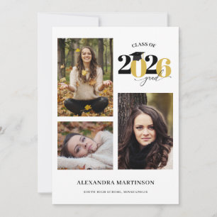Graduate 3 Photos Collage Gold Class of 2026 Invitation