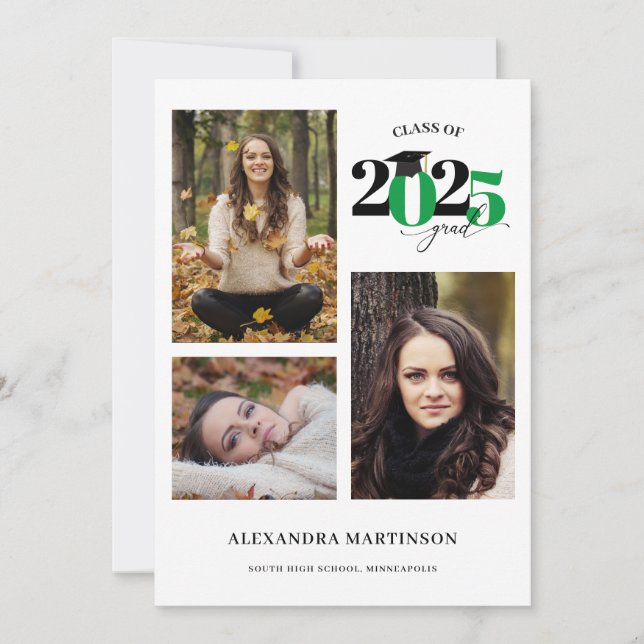 Graduate 3 Photos Collage Green Class of 2025 Invitation (Front)