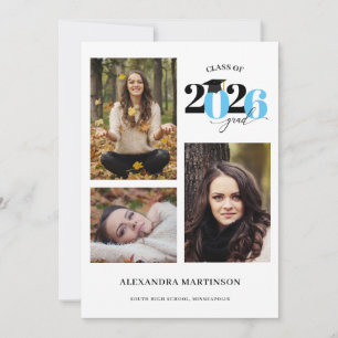 Graduate 3 Photos Collage Light Blue Class of 2026 Invitation