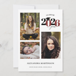 Graduate 3 Photos Collage Maroon Class of 2026 Invitation