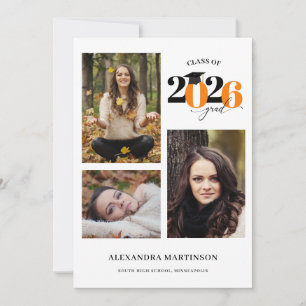 Graduate 3 Photos Collage Orange Class of 2026 Invitation
