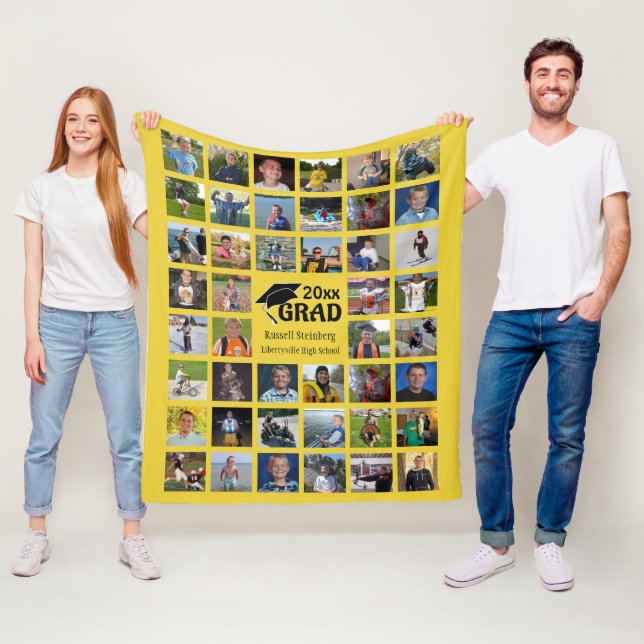 Graduate 44 Photo Collage Gold Personalized Fleece Blanket (In Situ)