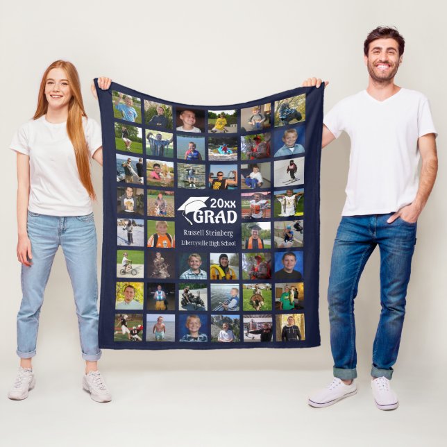 Graduate 44 Photo Collage Name School Navy Blue Fleece Blanket (In Situ)