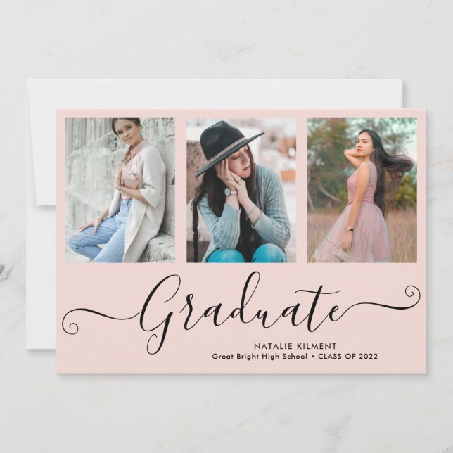 Graduate 4 Photo Collage Pink & Black Graduation Invitation (Front)