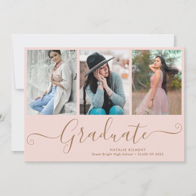 Graduate 4 Photo Collage Pink & Gold Graduation Invitation (Front)