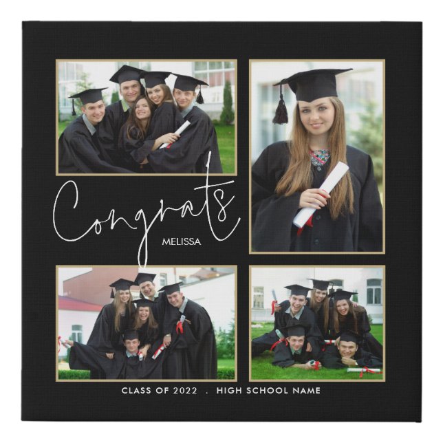 Graduate 4 Photos Congrats Name Black Faux Ca Faux Canvas Print (Front)
