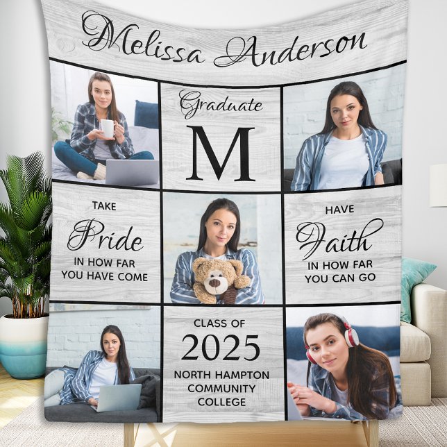 Graduate 5 Photo Collage Gray Rustic Graduation Fleece Blanket (Creator Uploaded)
