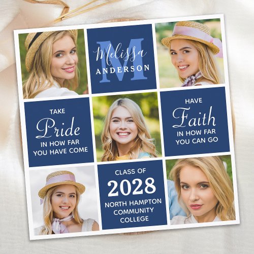 Graduate 5 Photo Monogram Navy Blue Graduation  Invitation