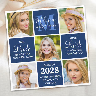 Graduate 5 Photo Monogram Navy Blue Graduation Invitation