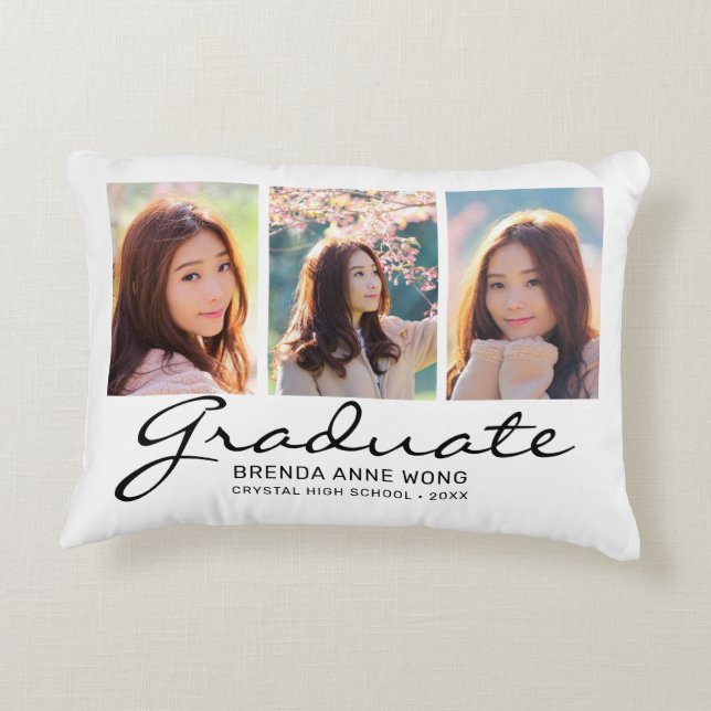 Graduate 6 Photo Collage Modern Black Script Accent Pillow (Back)