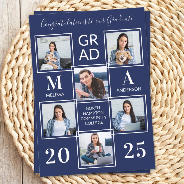 Graduate 6 Photo Personalized Navy Blue Graduation Announcement (Creator Uploaded)