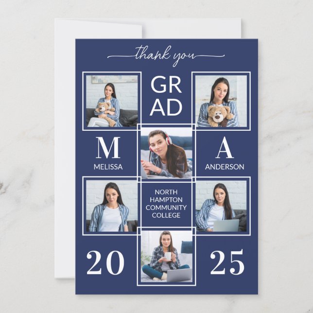 Graduate 6 Photo Personalized Navy Blue Graduation Thank You Card