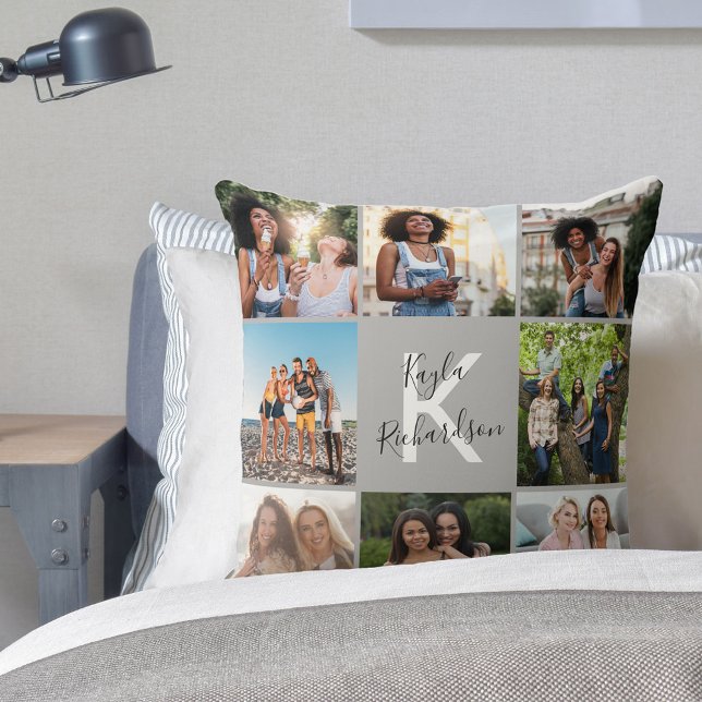 Graduate 8 Photo Collage and Quote Grey Graduation Throw Pillow (Creator Uploaded)