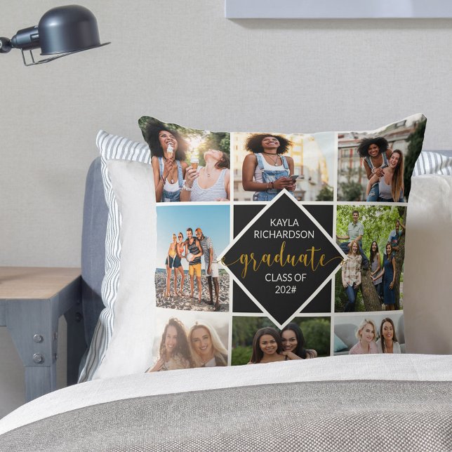 Graduate 8 Photo Collage Black and Gold Graduation Throw Pillow (Creator Uploaded)