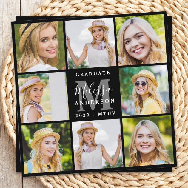 Graduate 8 Photo Collage Black Graduation Invitation | Zazzle