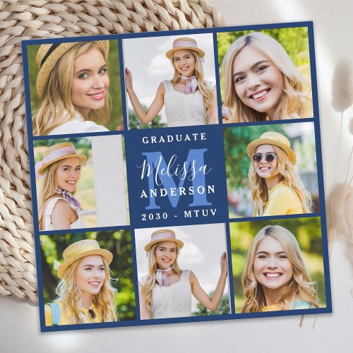 Graduate 8 Photo Collage Navy Blue Graduation Announcement