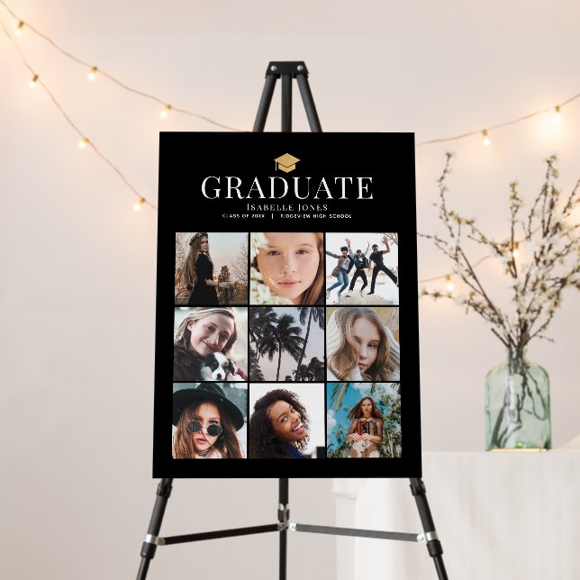Graduate 9 Photo Collage Gold Graduation Cap Black Foam Board (In Situ (Stand))