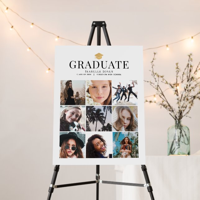 Graduate 9 Photo Collage Gold Graduation Cap Foam Board (In Situ (Stand))