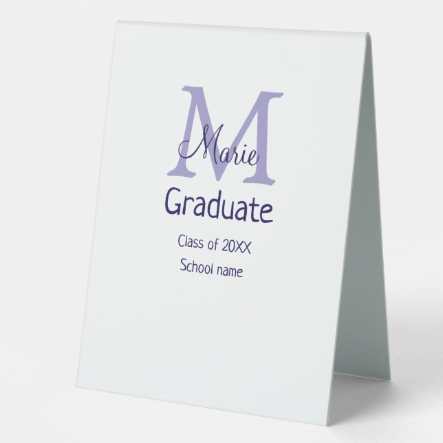 Graduate add name monogram purple simple minimal m table tent (Front)