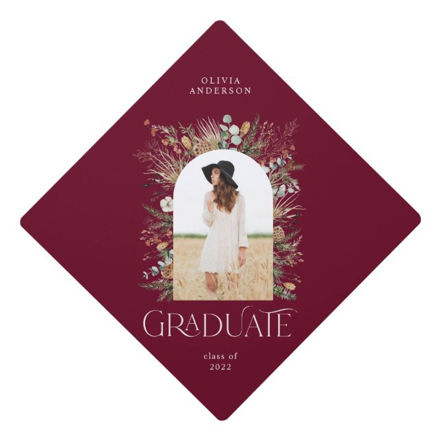 Graduate arch 1 photo black burgundy graduation  cap topper (Front)