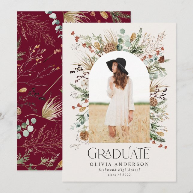 Graduate arch 1 photo burgundy botanical modern announcement (Front/Back)