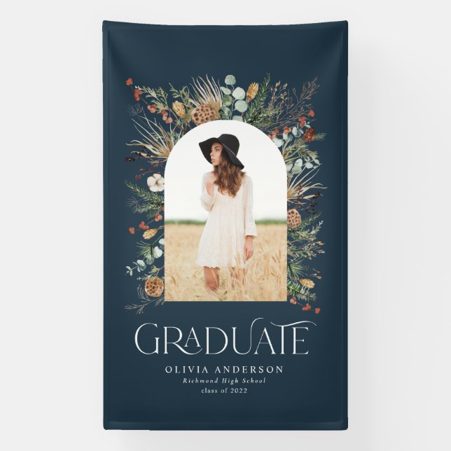 Graduate arch 1 photo navy blue botanical modern banner (Vertical)