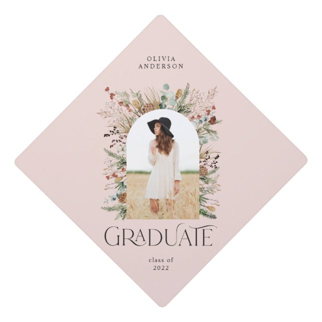 Graduate arch 1 photo pink botanical  graduation cap topper (Front)