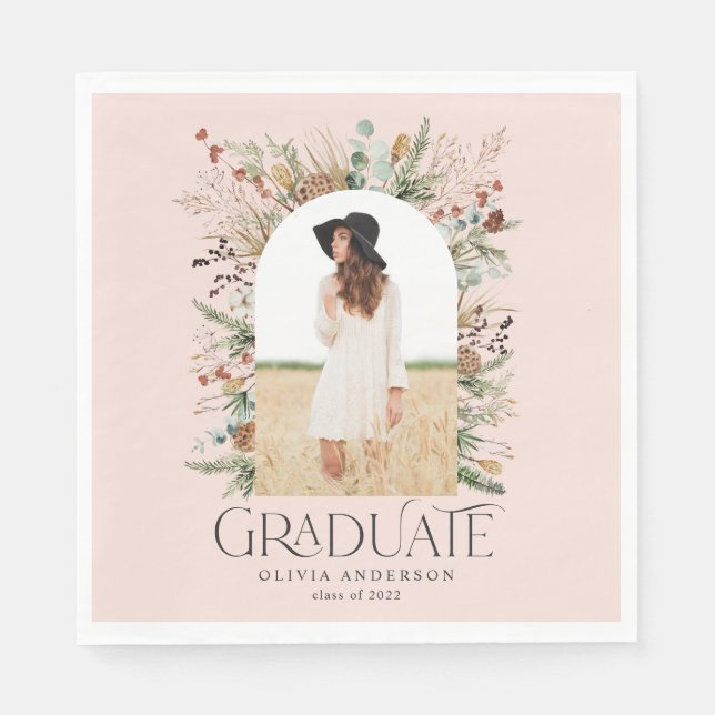 Graduate arch 1 photo pink botanical party napkins (Front)