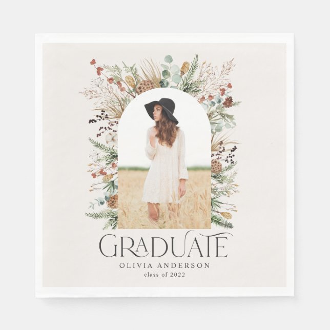 Graduate arch 1 photo terracotta botanical party napkins (Front)