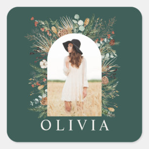 Graduate arch photo botanical green square sticker