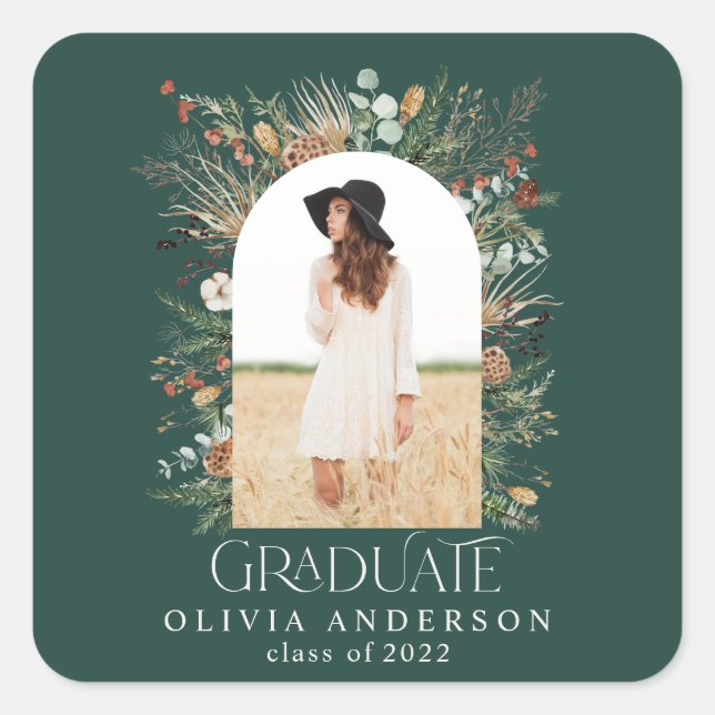 Graduate arch photo terracotta botanical green square sticker (Front)