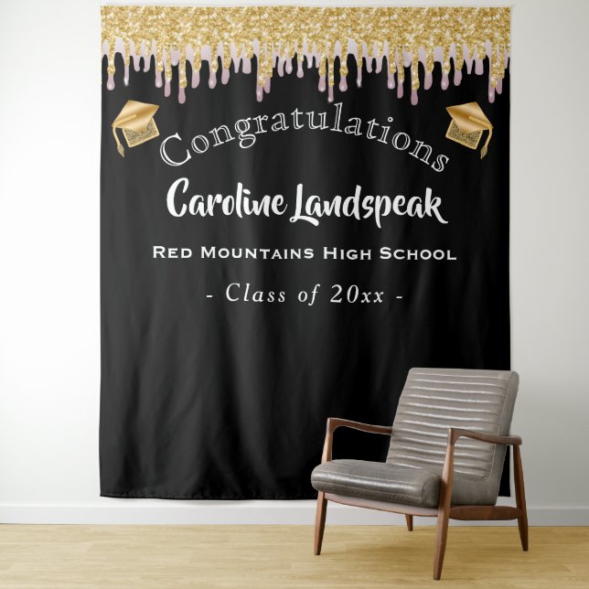 Graduate Backdrop Rose Pink Gold Glitter Dripping (In Situ)