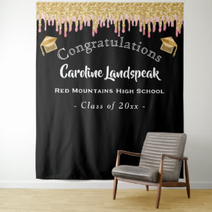 Graduate Backdrop Soft Red Gold Glitter Dripping