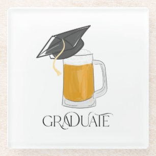 Graduate Beer Pint & Black Grad Cap Glass Coaster
