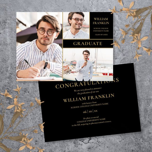 Graduate Black And Gold 3 Photo Collage Graduation Announcement (Graduate Black And Gold 3 Photo Collage Graduation Announcement)