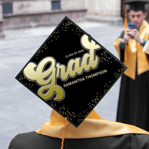 Graduate Black and Gold Retro Calligraphy Script Graduation Cap Topper