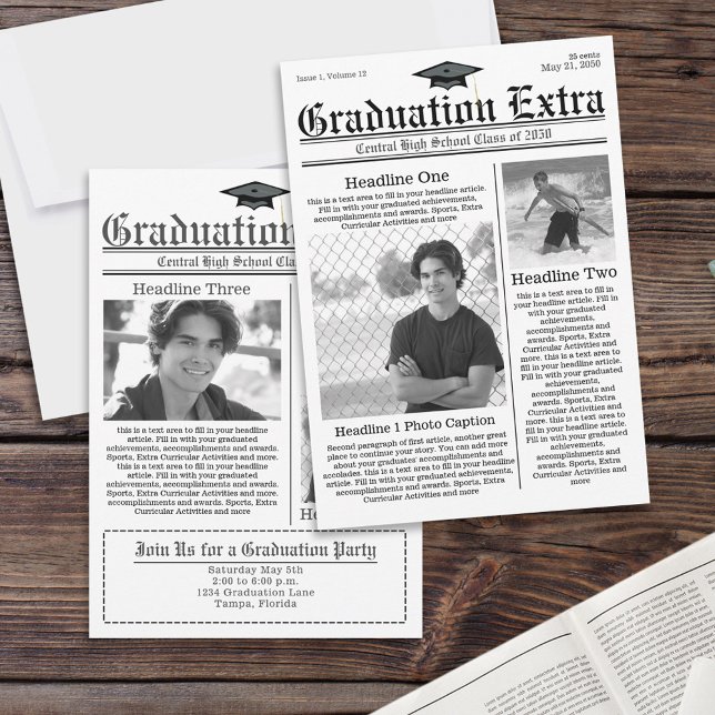 Graduate Black and White Photo Collage Newspaper Invitation (Graduation photo invitation announcement with unique Newspaper print template. )