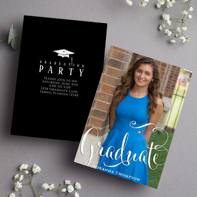 Graduate Black and White Photo Stylish Calligraphy Invitation (Graduation announcement invitation with full bleed photo.)