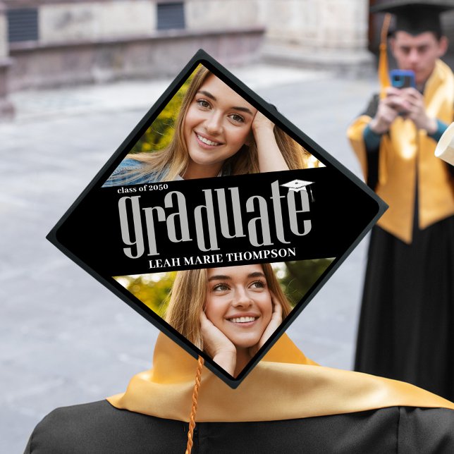 Graduate Black and White Photo Template Graduation Cap Topper (Graduation cap topper with black and white background and classic laureate.)