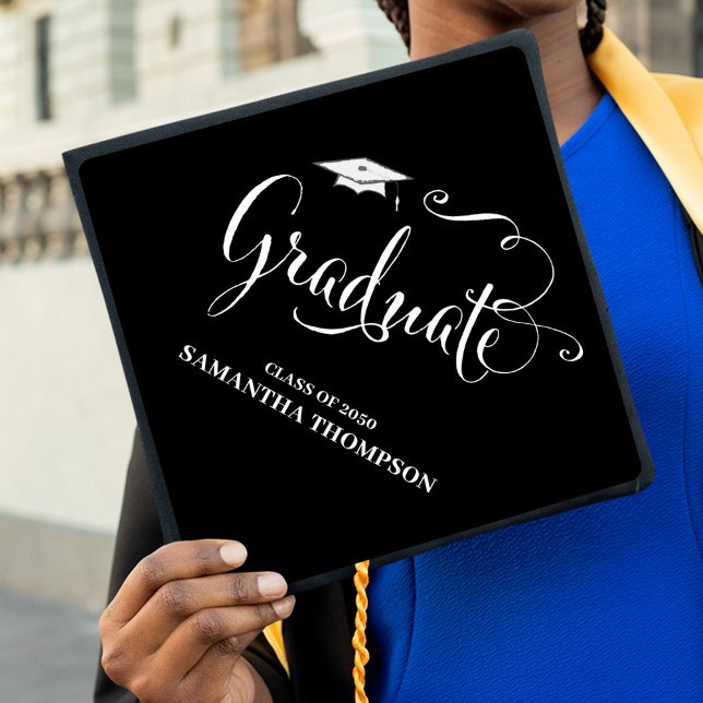 Graduate Black and White Simple Calligraphy Script Graduation Cap Topper (Graduation cap topper with stylish calligraphy and classic mortarboard)
