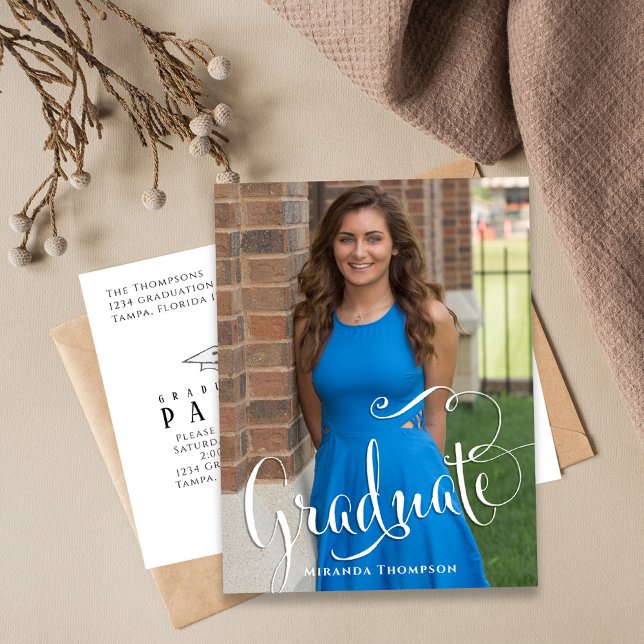 Graduate Black and White Stylish Photo Simple Postcard (Graduation photo postcard template with stylish calligraphy script. )