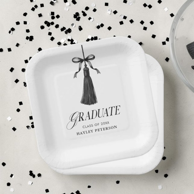 Graduate Black Bow Tassel Graduation Party Paper Plates (Creator Uploaded)