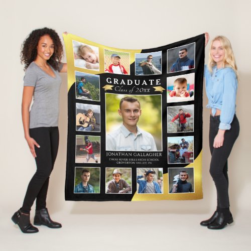 Graduate Black Gold 15 Photo Collage  Fleece Blanket