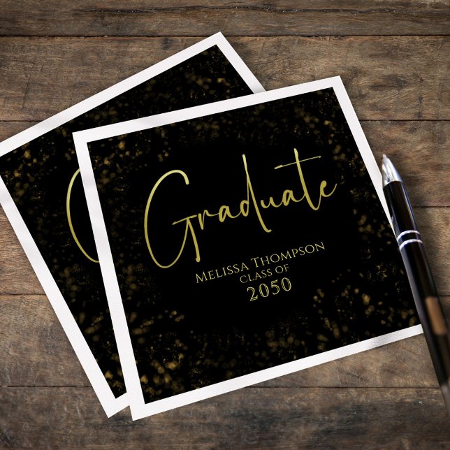 Graduate Black Gold Calligraphy Class of Custom Napkins (Black and gold graduate napkins with elegant script and custom Class of year design.)