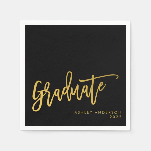 Graduate Black Gold Calligraphy Script Party Napkins (Front)