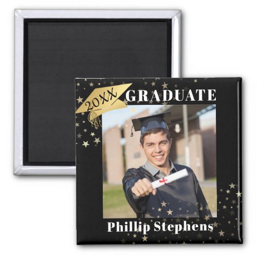 Graduate Black Gold Cap Photo Stars Your Color Magnet