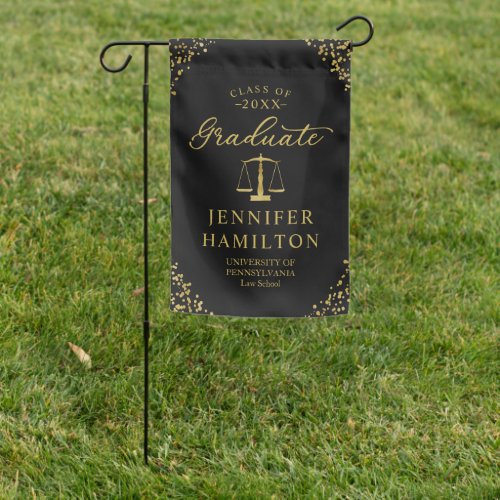 Graduate Black Gold Confetti Law School Graduation Garden Flag