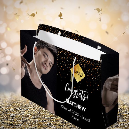 Graduate black gold confetti photo large gift bag